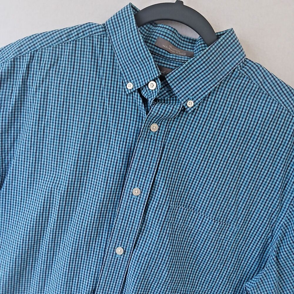 Daniel Cremieux Large Short Sleeve Button Up Teal Blue Check Casual Shirt #896